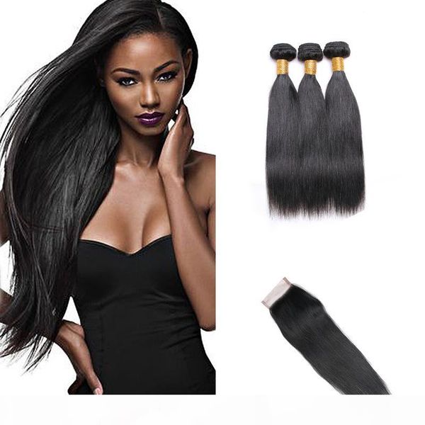 

прямые волосы 4 пачки с closure 7а класс бразильских волос плетение связки с закрытием 100% необработанные волос девственницы, Black