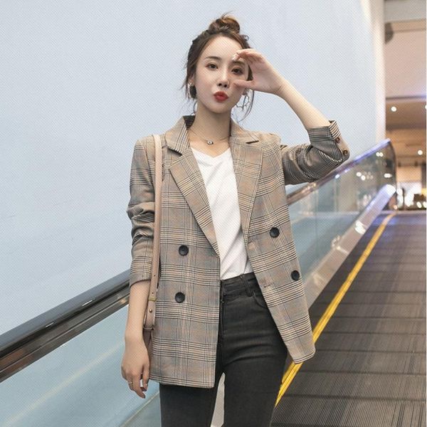 

2020 casual pocket women's suit jacket office ladies plaid double-breasted women's suit jacket s-xxl, White;black