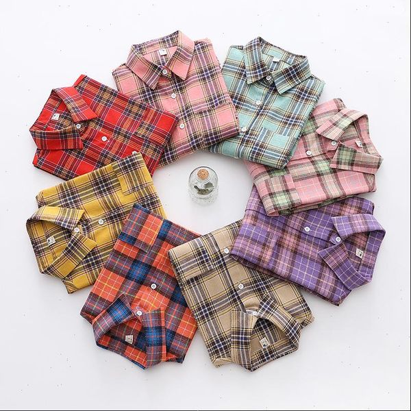 

brand womens flannel plaid shirts 2021 new ladies exquisite designer style loose blouses casual cotton long sleeve blouse, White