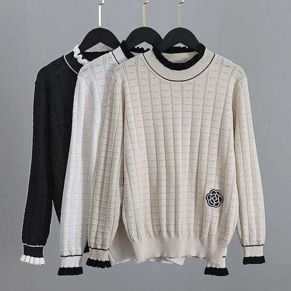 

elegant women pullover and sweaters spring autumn cutout long sleeve pullovers embroidery flower crocket knitwear, White;black