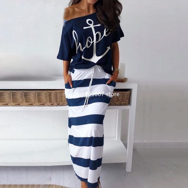 

2 piese set women lounge wear hope boat anchor print off shoulder t-shirt and regular striped skirt sets summer two piece, Gray