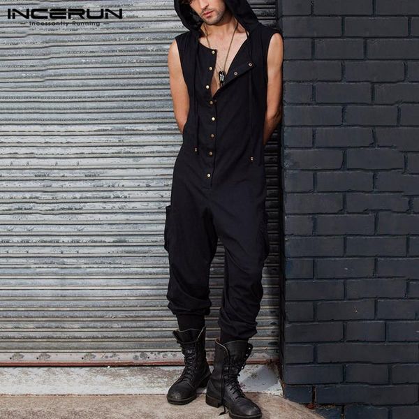 

leisure solid color jumpsuits sleeveless o neck jumpsuits incerun mens hooded bodysuit man buttons overalls streetwear 5xl7, Black