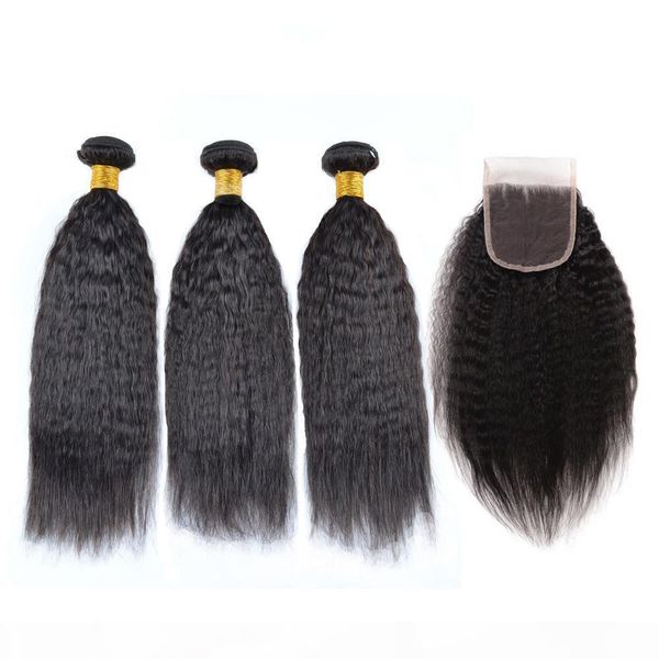 

viya peruvian kinky straight yaki human hair bundles with lace closure middle three part 8a natural color ing, Black;brown