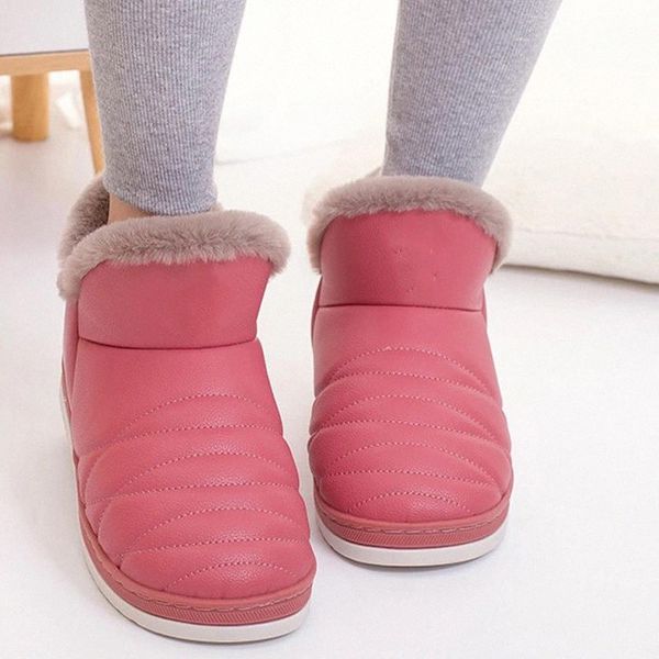 

women winter pu leather warm short plush ankle boots ladies short boot female solid slip on flats snow shoes indoor couple shoe #4i9c, Black