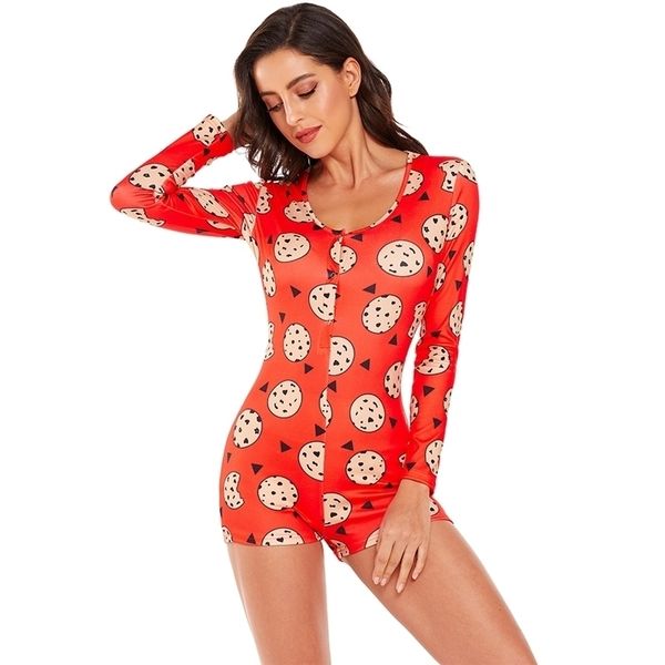 

omsj long sleeve skinny romers women jumpsuits casual red cookie print nightwear playsuit female v-neck bodycon outfit y200904, Black;white