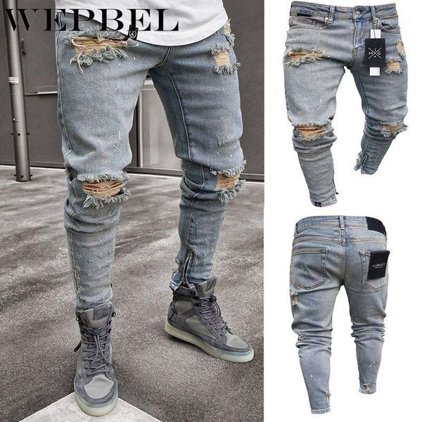 

men's jeans wepbel men straight slim pants denim hole patchwork punk ripped skinny trousers leggings1, Blue
