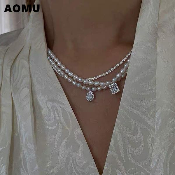 

chokers aomu 2021 vintage luxury rhinestone freshwater pearl baroque necklace sliver color starry clavicle chain for women party jewelry, Golden;silver
