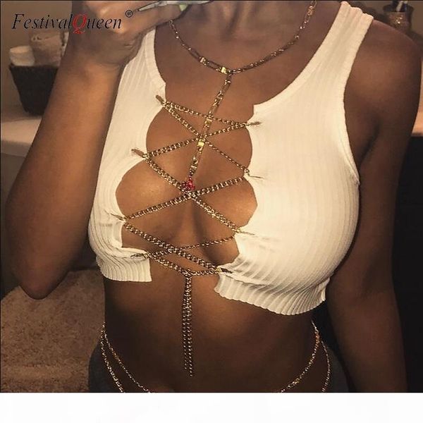 

festivalqueen solid knitted chain cross tank women 2019 hollow out cropped skinny elastic clubwear lace up crop mx190724, White