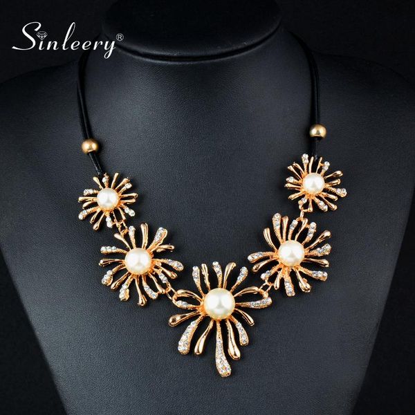 

sinleery vintage solid большой цветок pearl себе ожерелье black leather rope chain для женщин свадьба партии xl326 ssa, Golden;silver
