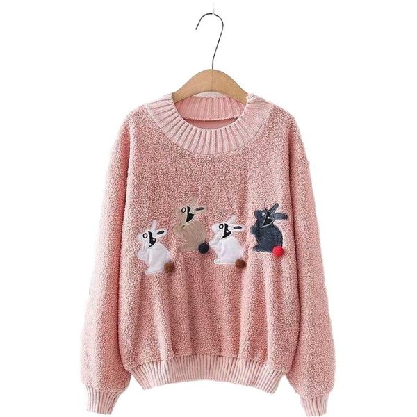 

2020 autumn winter korean women cute cartoon hair ball embroidery particle velvet o-neck pullover warm sweatshirts 099476, Black