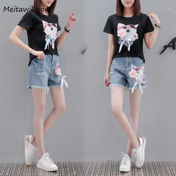 

women 2 piece sets 2020 vintage embroidered flowers beaded denim shorts casual o-neck short sleeve white t-shirt sets1