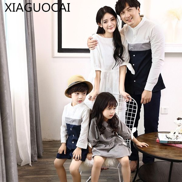 

family matching outfits mother white dress daughter grey dresses father son t shirts blouse family vacation clothes d1 10 y200713, Blue