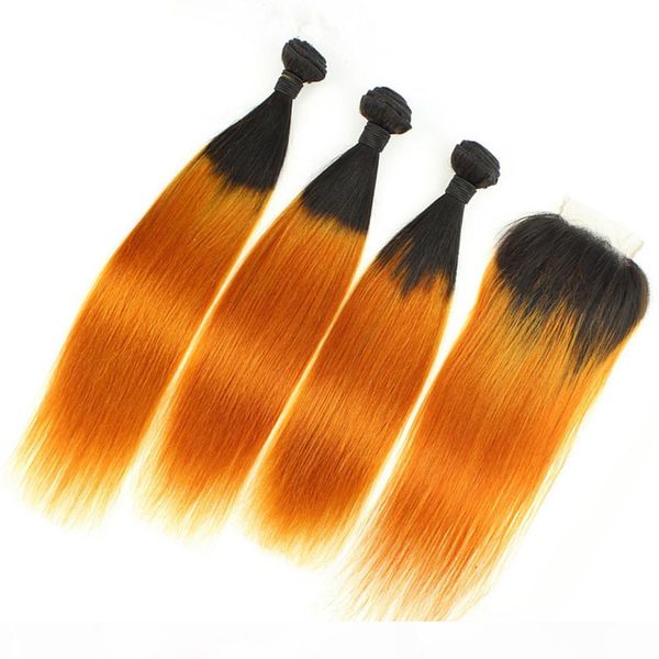 

peruvian ombre orange straight human hair 3bundles with closure 4pcs lot #1b orange ombre human hair weave wefts with 4x4 lace closure, Black