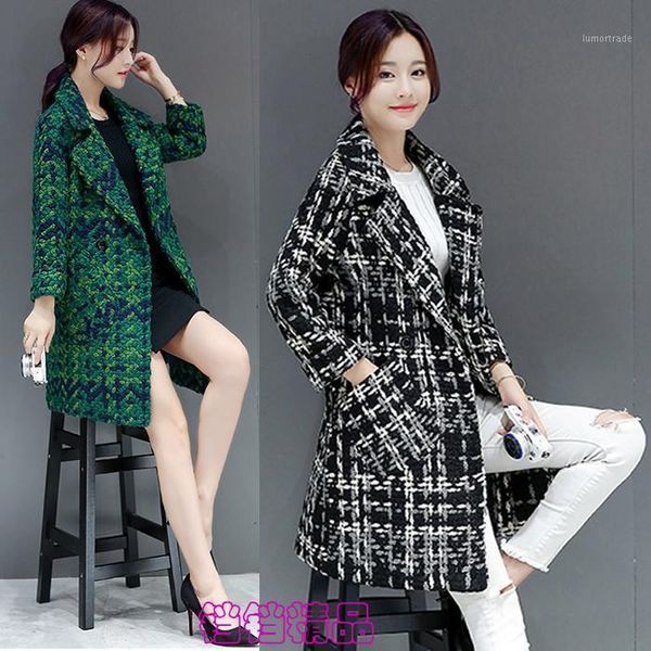 

women's wool & blends elegant woolen coat female long section 2021 autumn women's winter dress large size plaid rough flower nizi, Black
