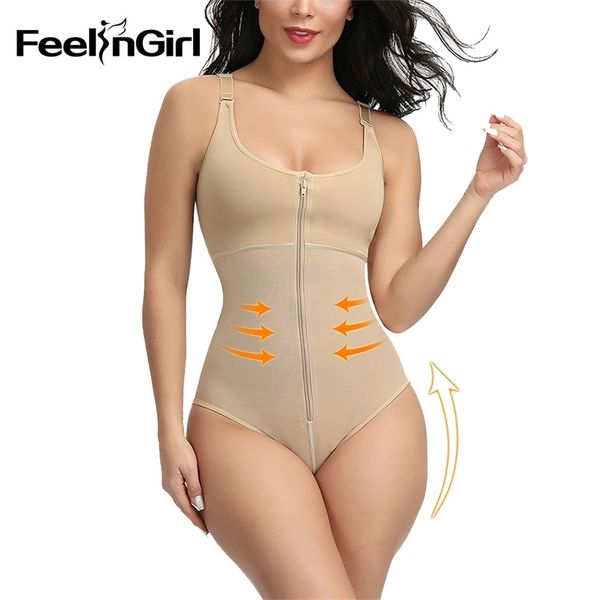 

feelingirl slimming underwear firm control tummy body shaper zip and hook corset waist trainer postpartum recovery bodysuit 201222, Black;white
