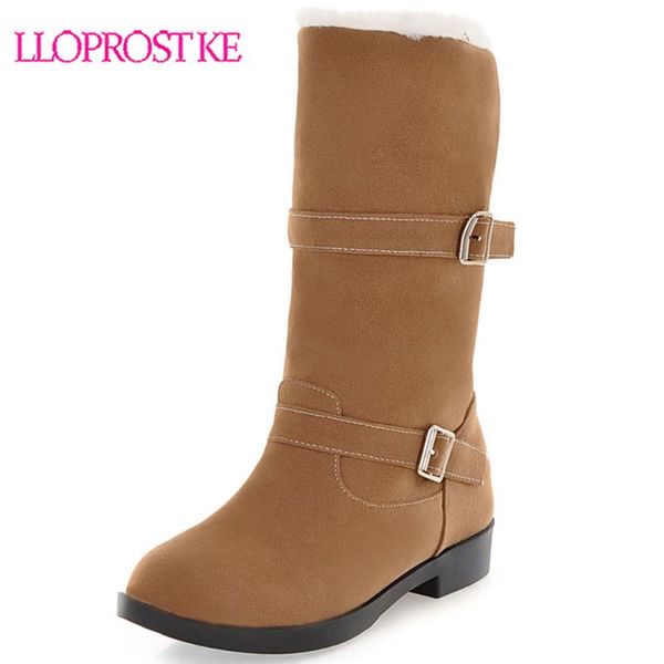 

boots lloprost ke women winter med heel warm flock round toe slip on mid calf plush snow 2021 casual black brown h454