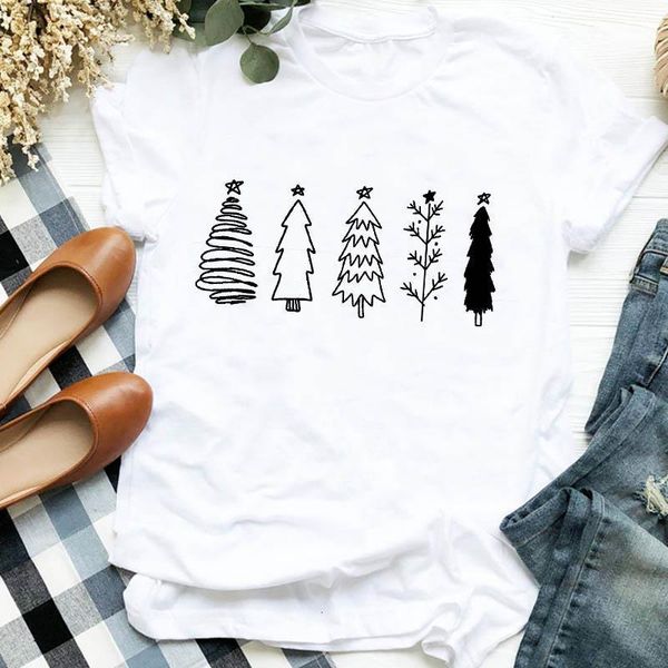 

women lady 90s simple fashion tree new year autumn winter merry christmas tshirt female graphic clothes shirt t tee t-shirt, White