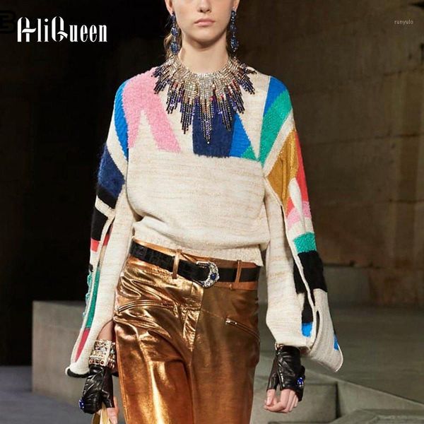 

women long sleeve geometric patchwork knitted sweater runway brand designer autumn oversized split flare pullover sweater1, White;black