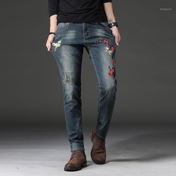

men's fashion brand jeans embroidered print skinny elastic long jeans men's slim straight ripped jean pants plus size 28-381, Blue