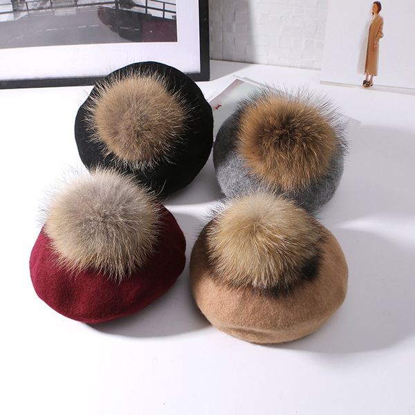 

autumn winter women's warm cashmere berets 15cm big hairball natural raccoon fur pompom hats pumpkin hat for women 201026, Blue;gray