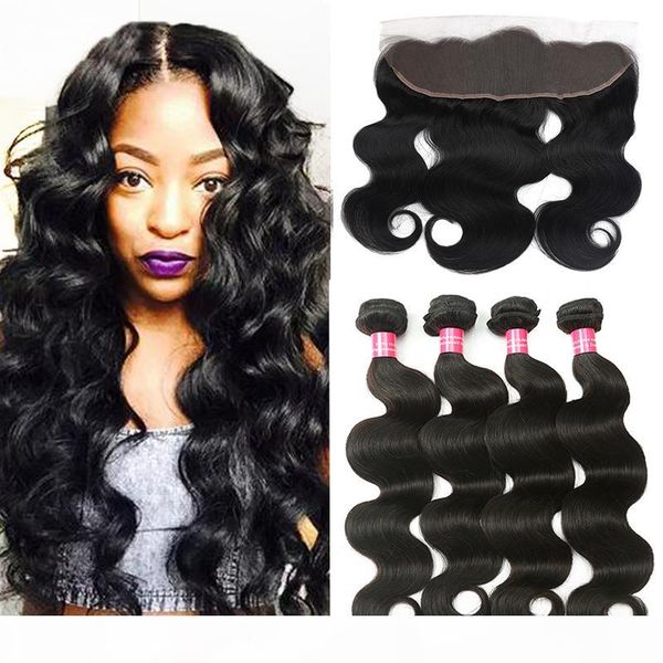 

4x13 lace frontal with 3 bundles body wave brazilian body wave human hair extensions with ear to ear lace frontal closure brazilian hair, Black;brown