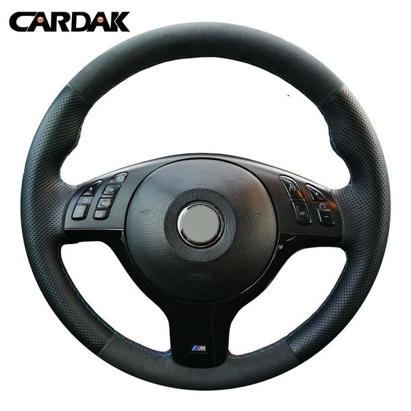 

cardak hand-stitched black suede artificial leather car steering wheel cover for e46 m3 e39 330i 540i 525i 530i 2001-2003