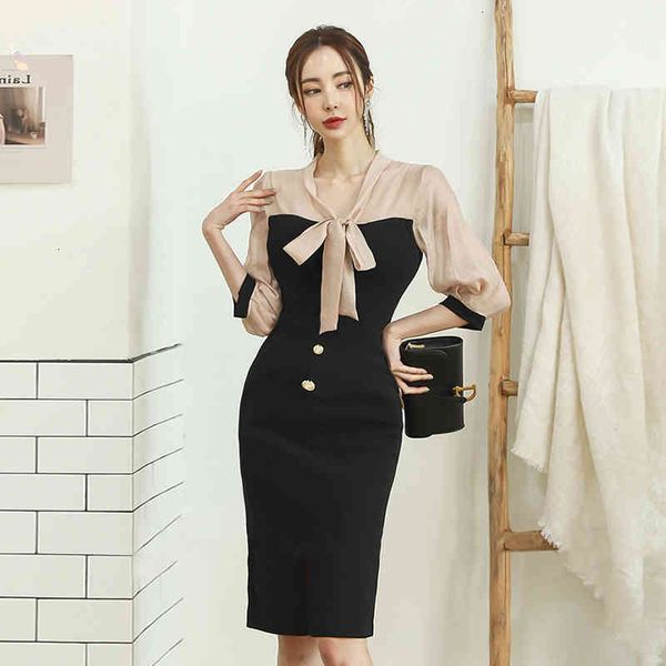

new arrival fashion spring party midi women ol temperament personality bow patchwork three-quarter sleeve pencil dress hcjl, White;black
