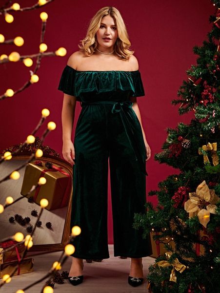 

plus off shoulder ruffle trim belted velvet jumpsuit o2kb#, Black