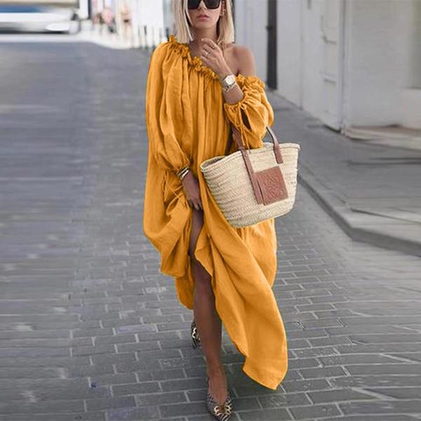 

women plus size daily casual open shoulder vintage loose boho maxi yellow dress dresses for women #js5, Black;gray