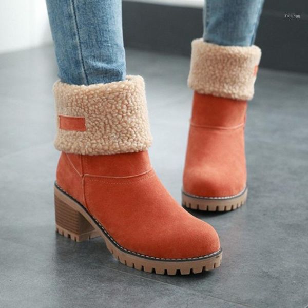 

women fur snow boots winter warm 2021 ladies slip on women's plush mid heels female comfortable woman wool ankle shoe plus size1, Black