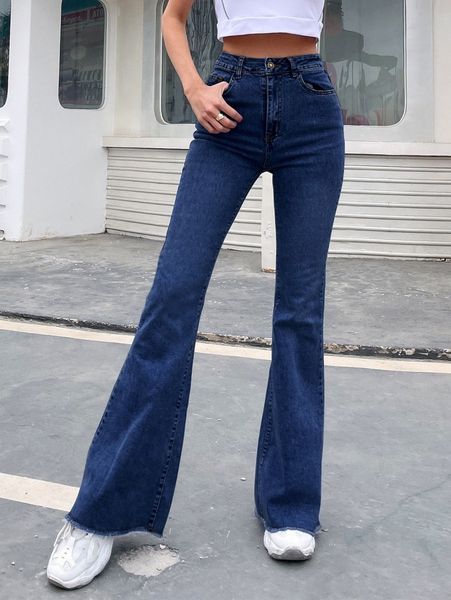 

high-rise raw hem flare jeans t39m#, Blue
