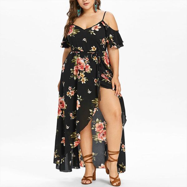 

plus size 5xl off shoudler boho dress ruffle beach flower strap summer dress 2020 floral print tunic maxi long dresses big size, Black;gray