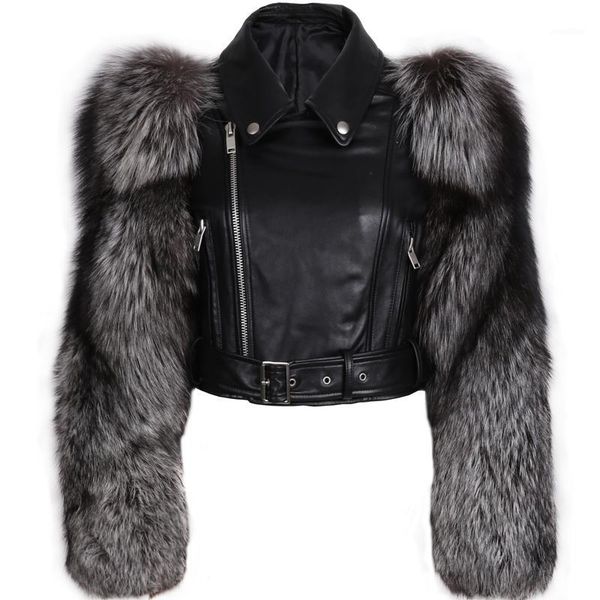 

genuine leather jacket fur sleeve women real leather and fur jacket1, Black