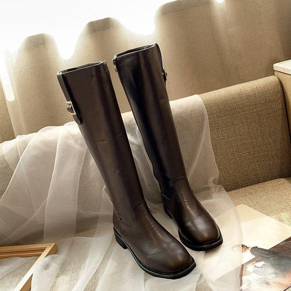 

колено высокие сапоги на низком каблуке женская обувь 2020 pu кожа высокие сапоги колено зимняя обувь пряжки металла длинные черный коричнев, Black