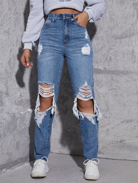 

slant pocket ripped cut out jeans 190c#, Blue