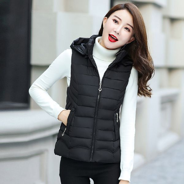 

slim autumn winter vests women hooded waistcoat short casual cotton padded sleeveless vest jacket solid female zipper, Black