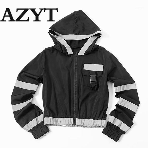 

azyt autumn new reflective hooded women's jacket fashion high waist short female jacket zipper patchwork harajuku short coat1, Black;brown