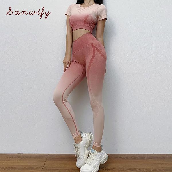 

yoga outfits seamless set short sleeve sports suit gym leggings+built in bra crop shirt 2 piece workout clothes women1, White;red