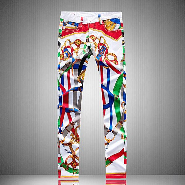 

men's jeans supply elastic flower printed cultivate morality pants european fashion personality trousers, Blue
