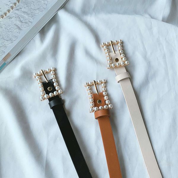 

fashion elegant pearl square pu leather women's decoration with skirt dress versatile pin buckle small belt, Black;brown