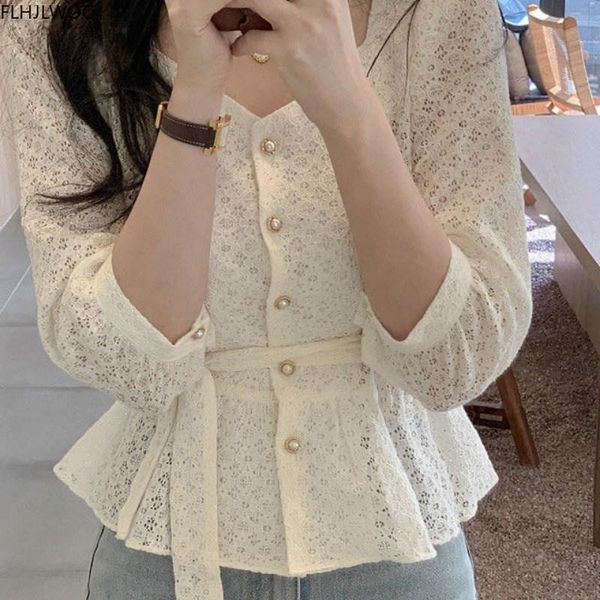 

hollow out crochet lace chic short crop cute lolita sweet girls peplum lace-up bow tie blouse single breasted button shirt, White