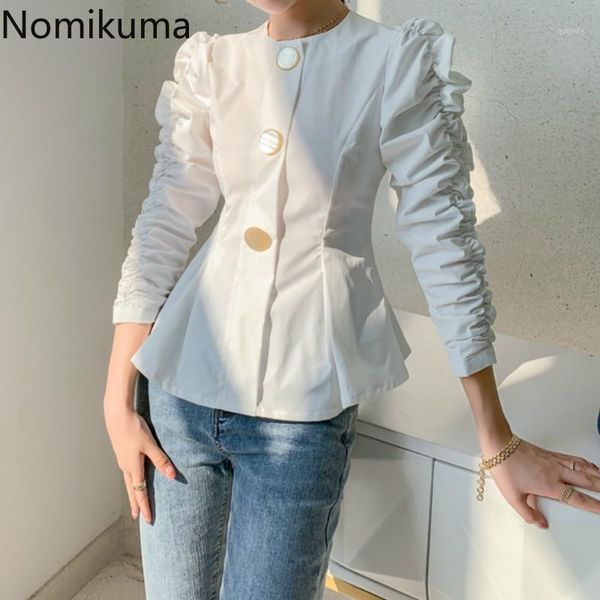 

nomikuma puff sleeve white women autumn o neck slim waist shirt ladies single breasted elegant blouse blusas mujer 3d4011