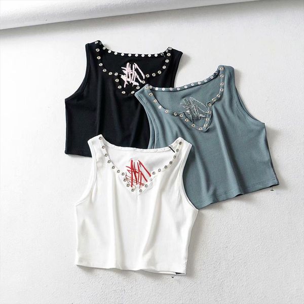 

punk стиль crop top женщин v шеи rivet декольте декоративный тотем вышитые thread хлопка жилет повседневный sexy танки лето тройники, White