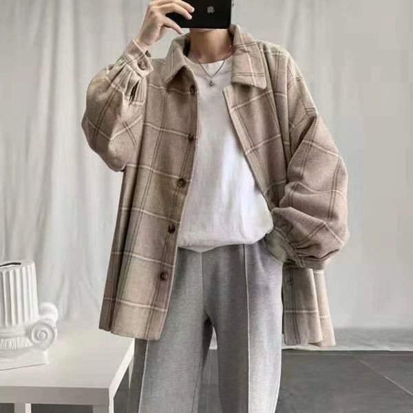 

ins korean fashion student mid long plaid autumn winter men's work coat, Black