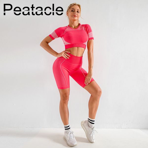 

peatacle seamless short sleeve yoga suit beautiful back hollow gym sport set women workout clothes 2 piece fitness active wear, White;red