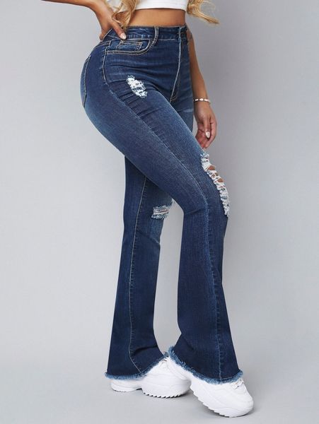 

sxy high waisted ripped raw hem bootcut jeans a17k#, Blue