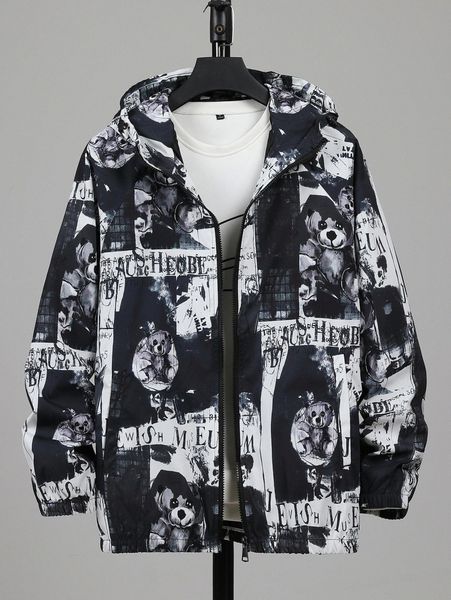 

men letter & bear print zipper hooded jacket without tee w1kc#, Black;brown