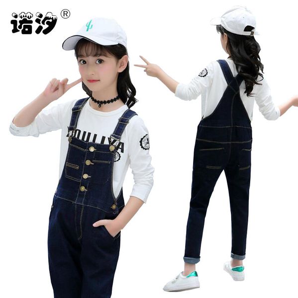 

girls denim overalls spring autumn fashion children clothing 3-13t kids suspender trousers solid girls casual jeans for girls y200704, Blue