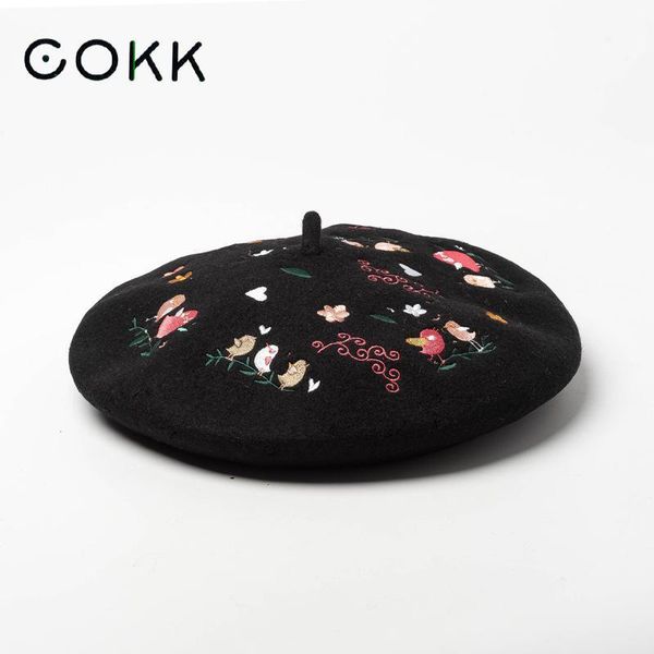 

cokk autumn winter hats for women 100% wool berets luxury flower birds embroidery beret female warm beret flat painter cap bonia 201026, Blue;gray