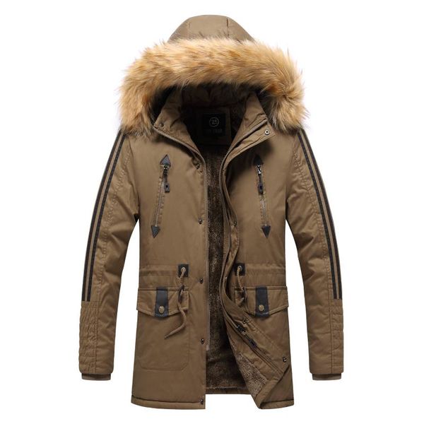 

men fur hooded jackets coat winter cotton thick male long warm outwear brand clothing sportswear zipper men's overcoat windbreak, Black